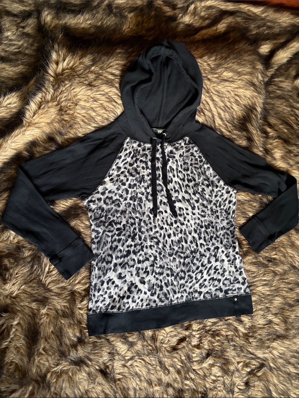 Ralph Lauren Active - Black Hooded Pullover-Gray Leopard Print Front - Size PL